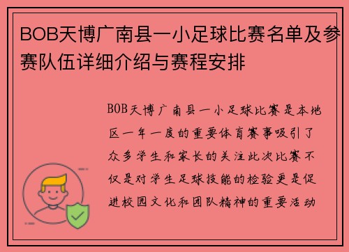 BOB天博广南县一小足球比赛名单及参赛队伍详细介绍与赛程安排