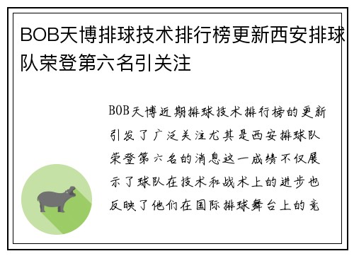 BOB天博排球技术排行榜更新西安排球队荣登第六名引关注
