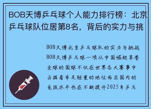 BOB天博乒乓球个人能力排行榜：北京乒乓球队位居第8名，背后的实力与挑战