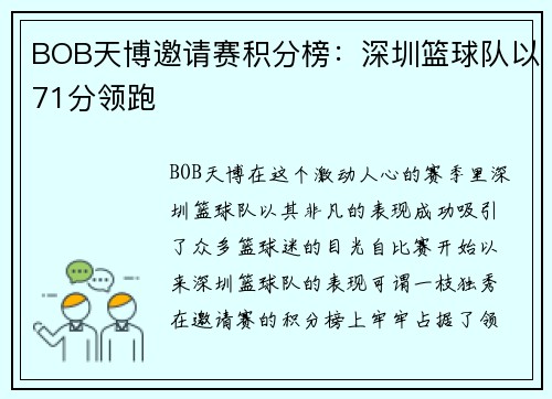 BOB天博邀请赛积分榜：深圳篮球队以71分领跑